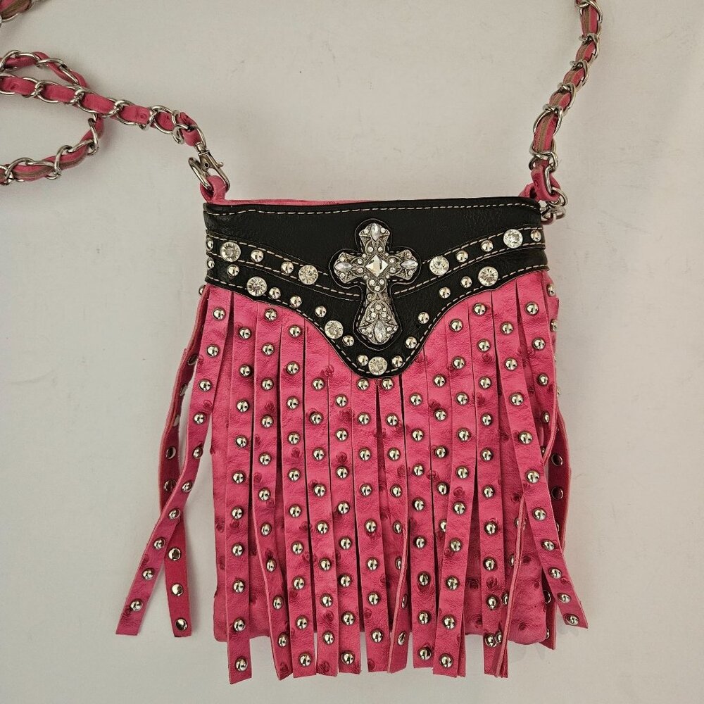 Rustic Couture Crossbody Purse Pink Bejeweled Fringe Snaps Phone Pocket 6" by 8"